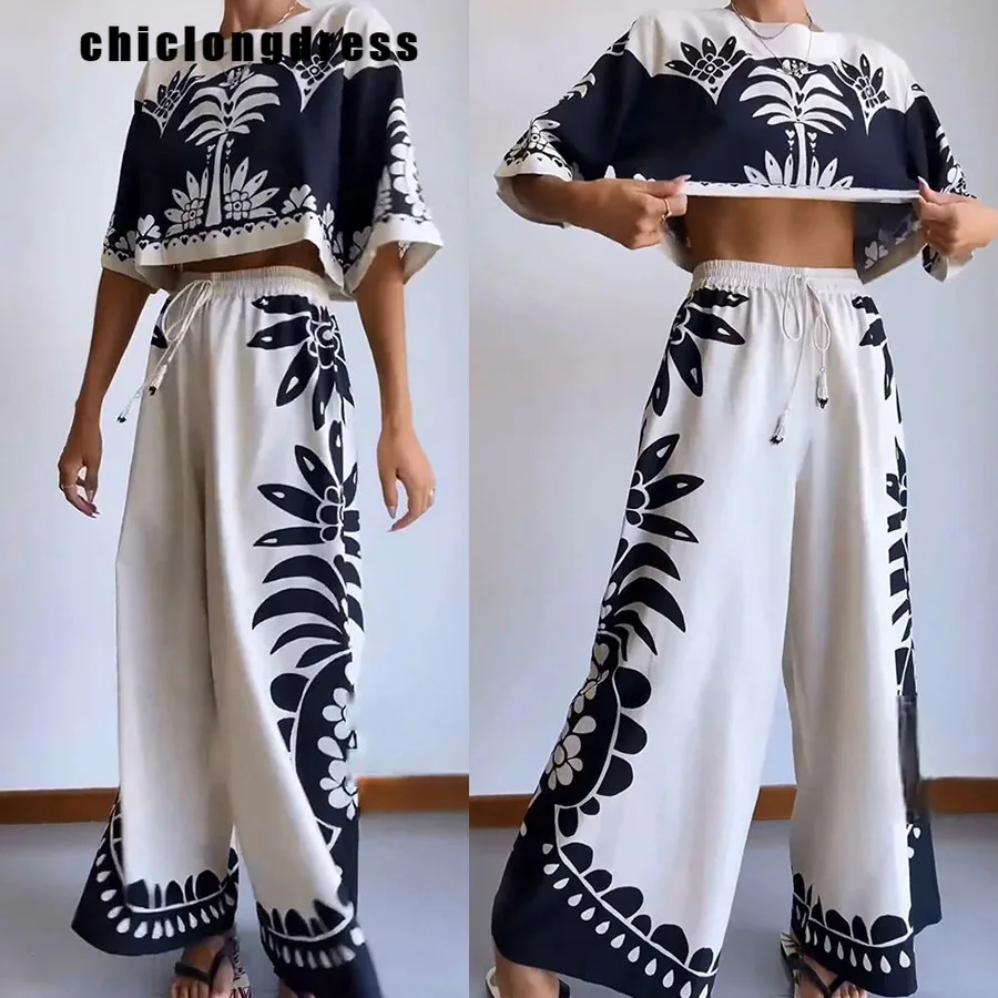 

Summer Fashion Print Two Piece Set Women Casual Loose Short Tshirt Wide Leg Pants Two Piece Set Women