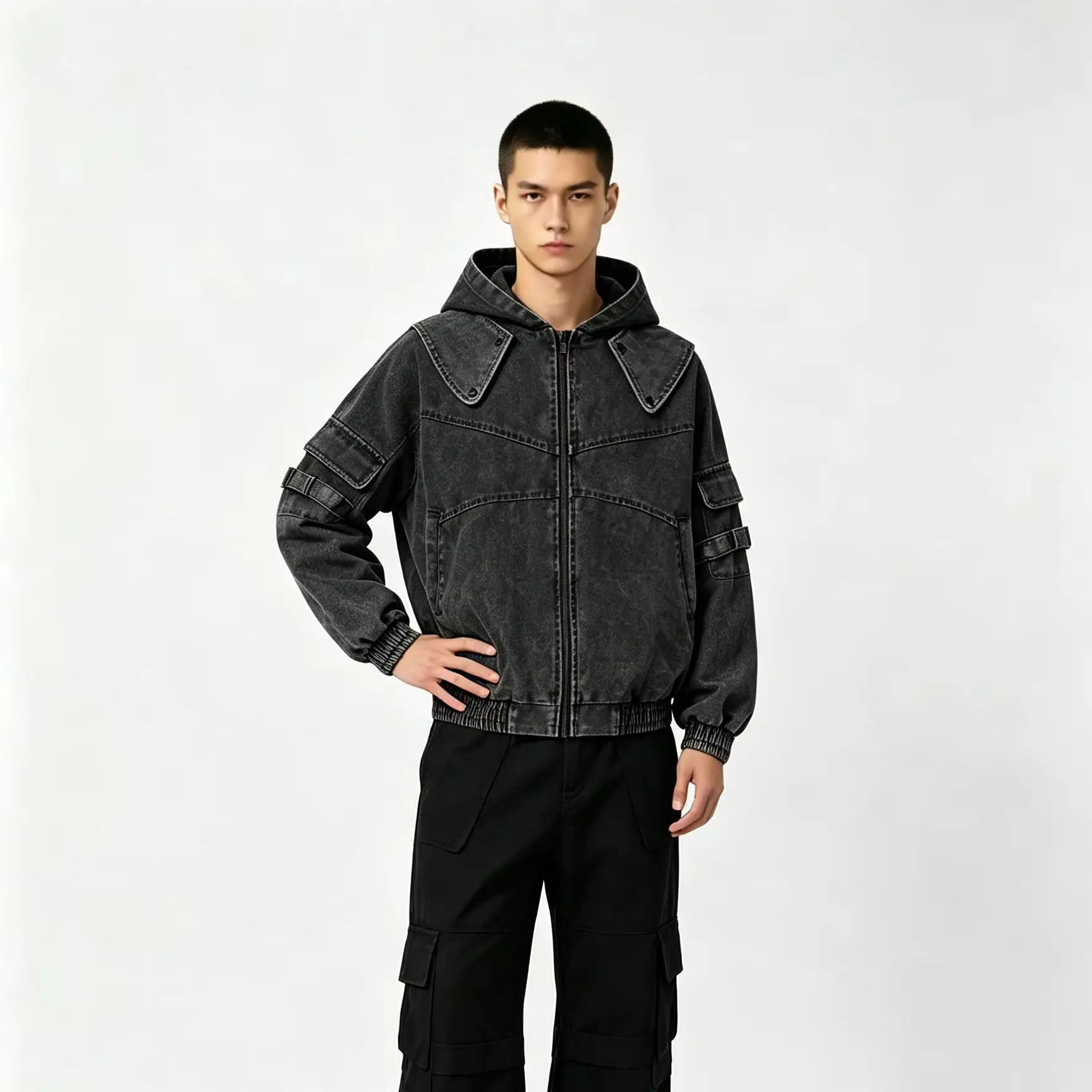 Streetwear Vintage Washed Cargo Zip Up Hooded Outerwear Unisex Multi Pocket Distressed Loose Jacket