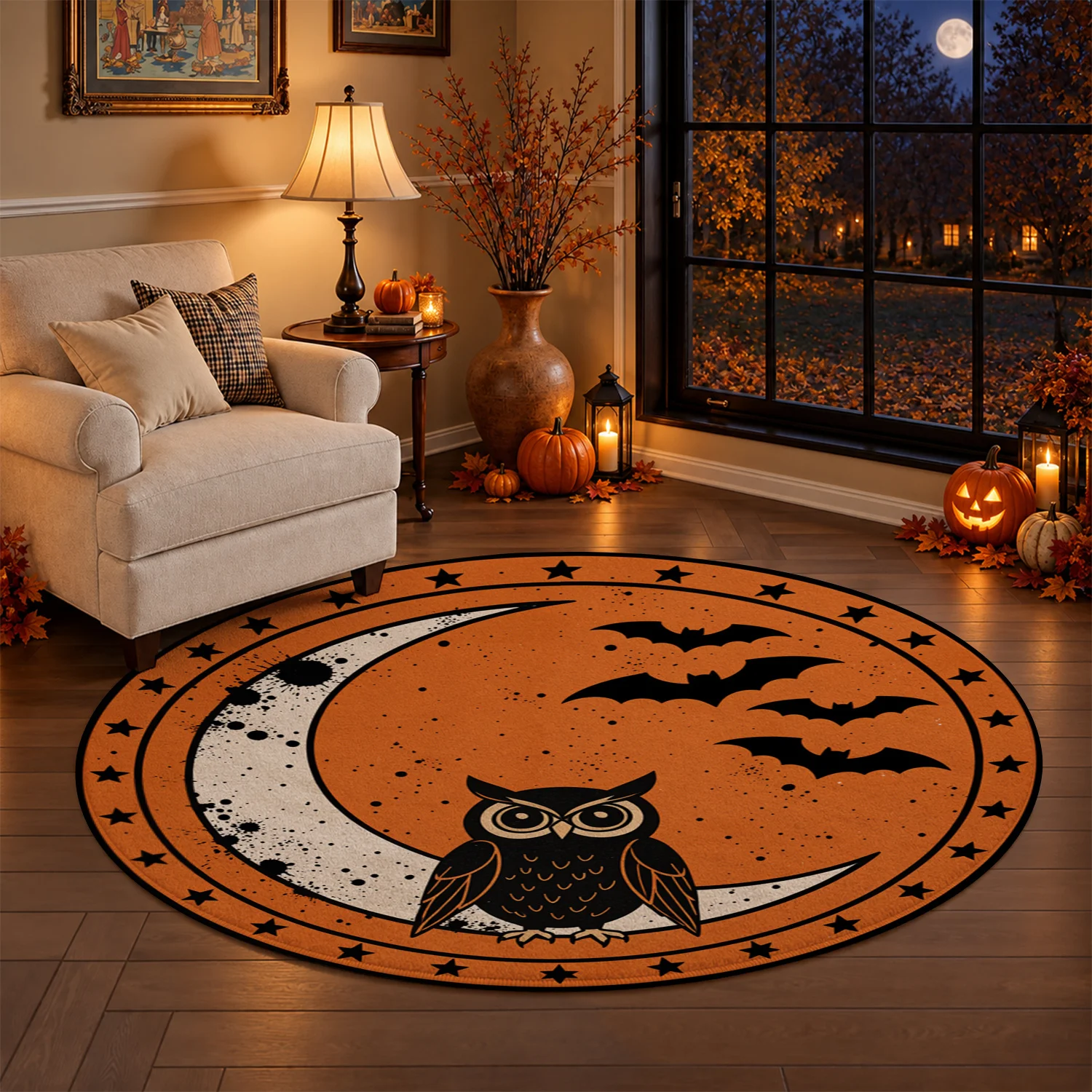 Owl Crescent Moon Bat Star Pattern Round Velvet Area Rug Machine Washable Soft Floor Mat For Living Room Bedroom Entryway Dining Room Halloween Thanksgiving Christmas New Year Holiday Decor