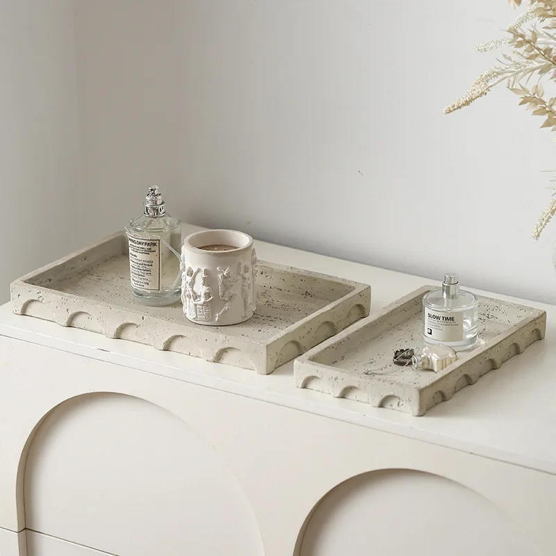 Wabi Sabi Style Retro Beige Imitation Cave Stone Tray Desktop Decoration Homestay Bathroom Storage Decor Tray Home Decoration