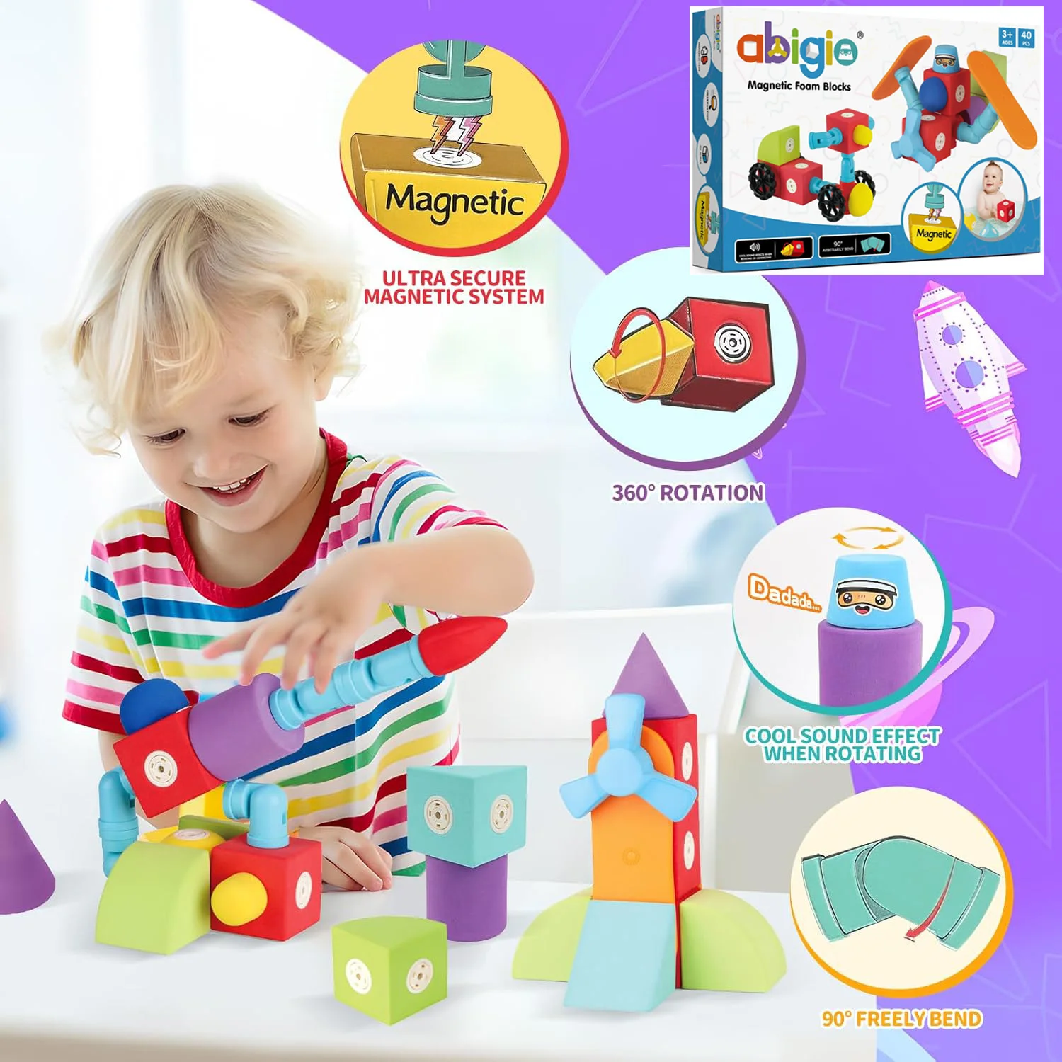 40PCS Magnet Building Blocks Preescolar Montessori Set Giocattoli da bagno da viaggio Blocchi magnetici in schiuma, Giocattoli sensoriali per l'autismo