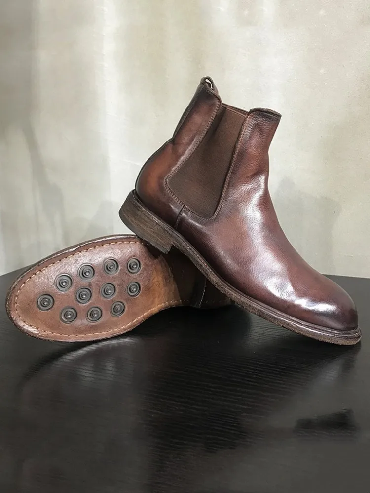 Chelsea Boots Men British Style Slip-On Business Casual High Top Dress Shoes Retro Handmade Cowhide Genuine Leather Short Boots