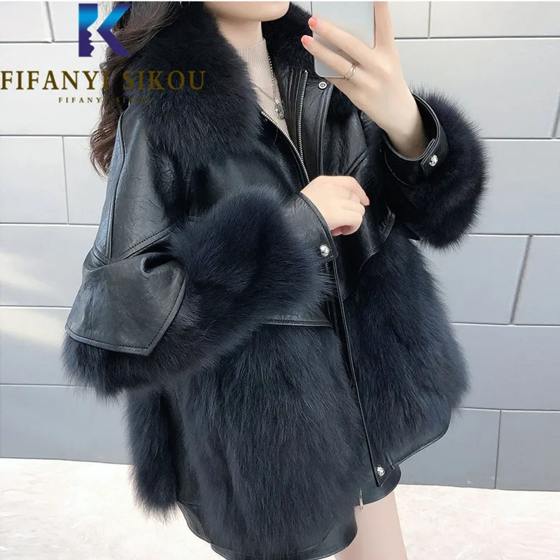 

Black Faux Fox Fur Coat Women PU Leather Spliced Zipper Fashion Loose Plush Fur Jacket Female High Quality Thick Warm Overcoat