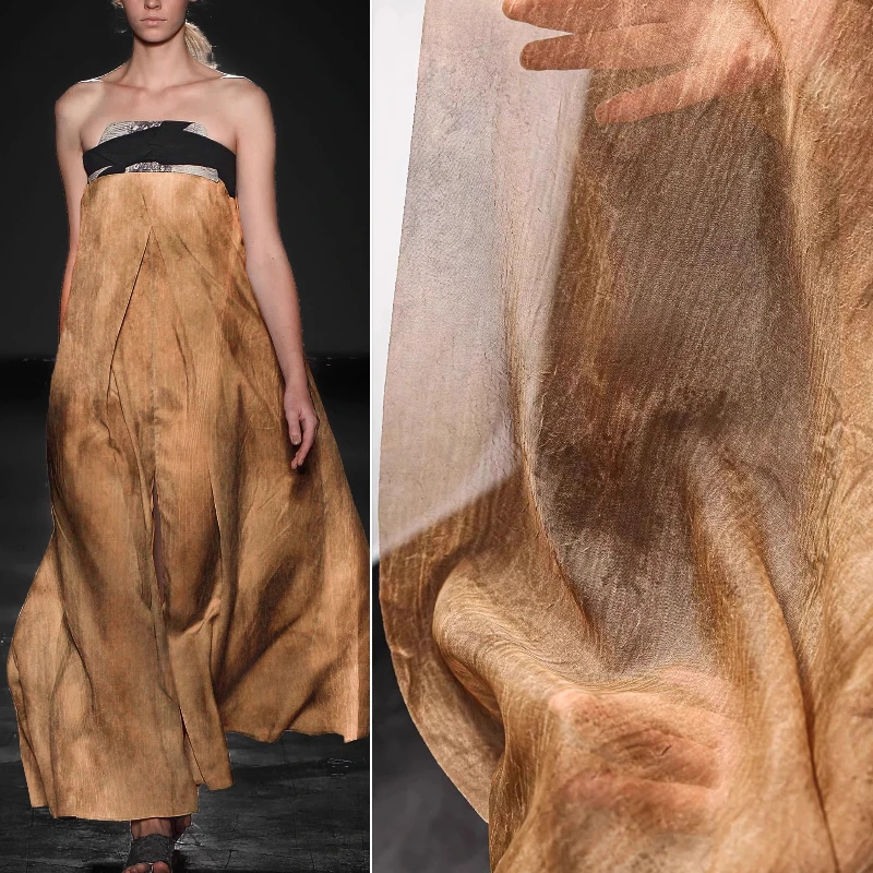 

Retro Ink Wash Bamboo Tulle Fabric Dark Coffee Colored Dress Elegant Vintage Old Grass Dyed Cardigan Clothing Designer Fabric