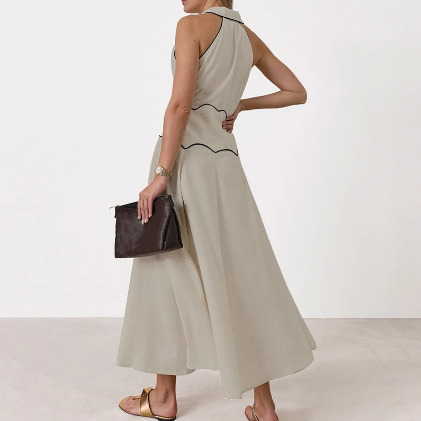 Linad Elegant Single-Breastedชุดเสื้อเชิ้ตยาว 2025 ฤดูร้อนสํานักงานเอวสูงชุดผู้หญิงแขนกุดผ้าฝ้ายลินินชุด