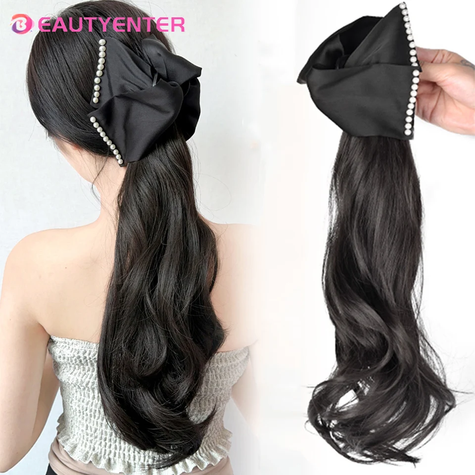 

BEAUTYENTER Synthetic Butterfly Ponytail Wig Female Layered Wave Curl Claw Clip High Ponytail Retro Pearl Wig Braid