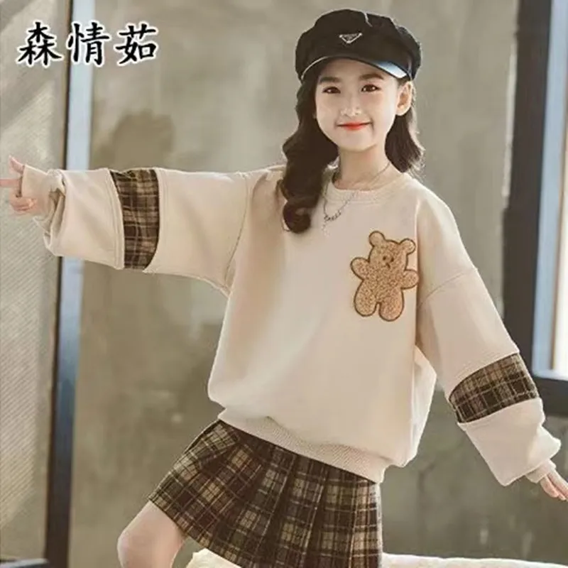 2024 Autumn Winter Girls Clothes Teenager Bear Hoodie T shirt + Plaid Spring JK Pleated Skirt Uniform 4 5 6 7 8 9 10 11 12 Year