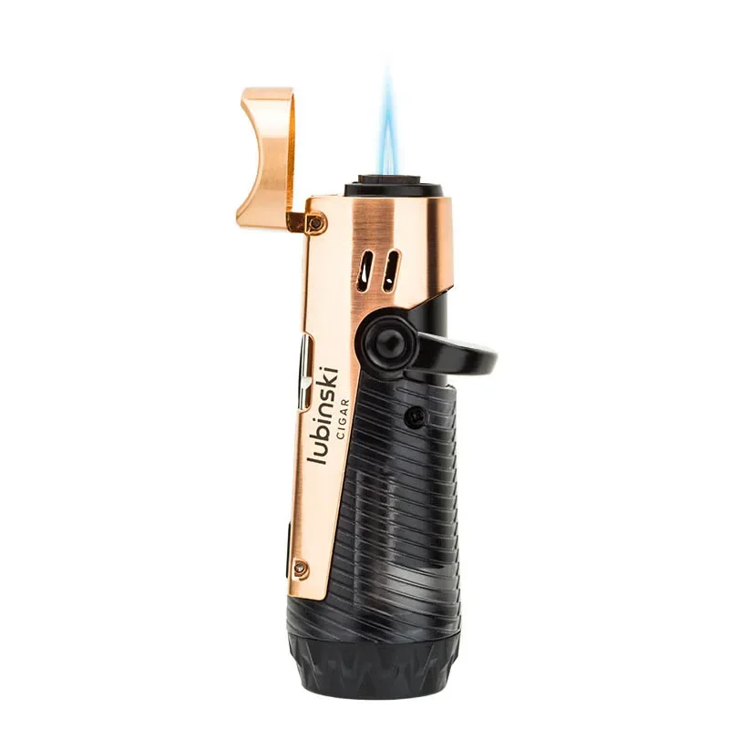 LUBINSKI Cigar Lighter Metal Single Jet Torch Blue Flame Gas Butane Windproof Cigarette Accessories with Punch Cigar Needle