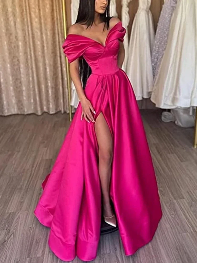 Customized Off Shoulder V-neck Vestidos De Mujer Slim Waist Split Prom Dresses With Pockets Long Pleates Formal Evening Gowns