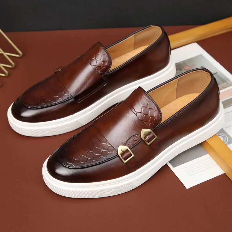 New Black Men\'s Vulcanize Shoes Brown Slip-On Sneakers Double Buckle Monk Shoes Handmade Men Shoes Size 38-45