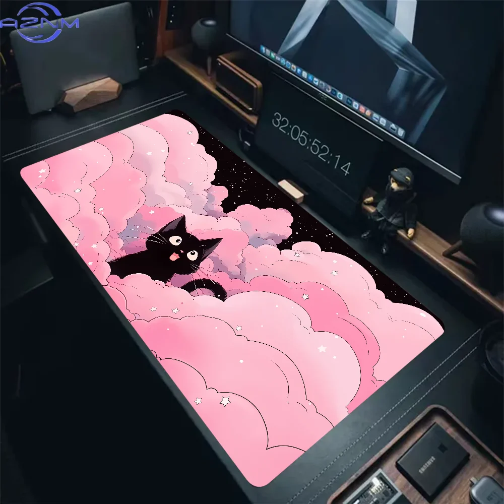Alfombrilla de ratn XXL con borde cosido, diseo de gato negro y nubes, entrega rpida, alfombrilla de proteccin para escritor