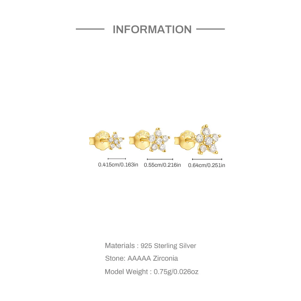 CANNER 3PCS Set 925 Sterling Silver Petal Multi-size Zircon Stud Earring For Women 18K Gold Ins Piercing Earrings Fine Jewelry