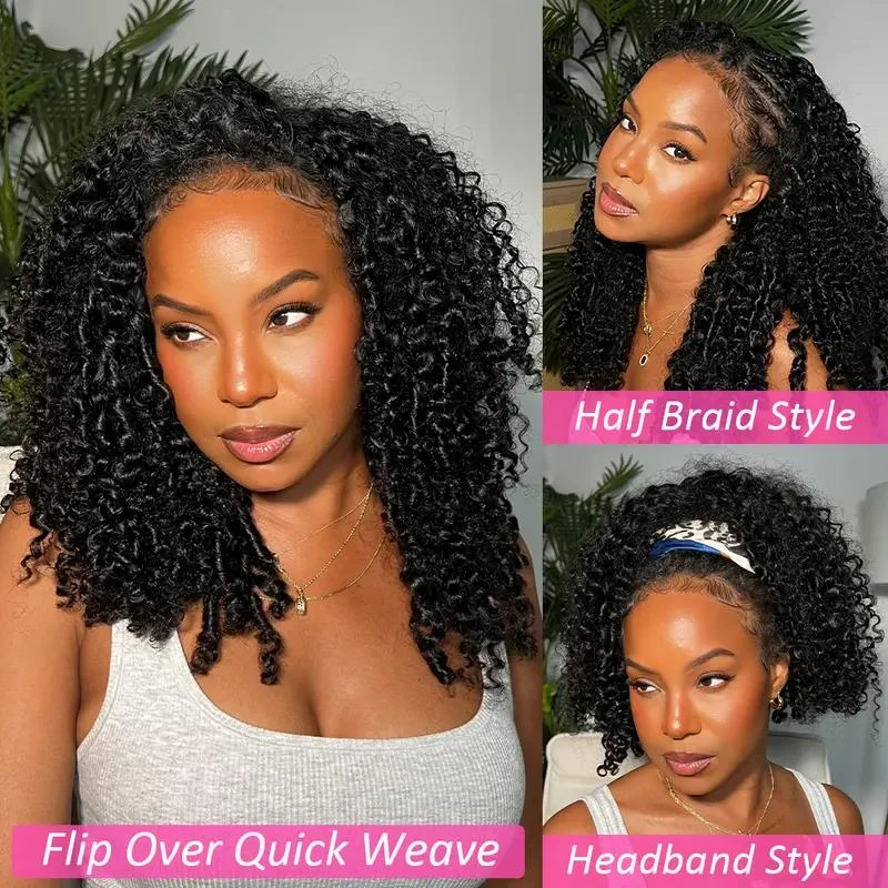 Glueless Afro Kinky Curly Half Wigs Human Hair With Drawstring Seamless Clip Ins Flip Over 300% Curly Headband Wig V Part Wig