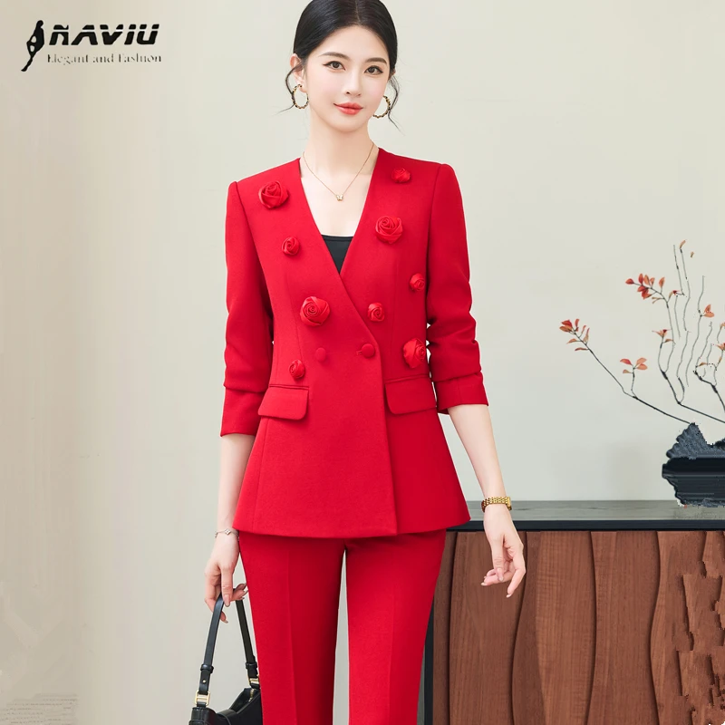 

NAVIU High End Professional Suit Women Spring Autumn Long Sleeve Blazer and Trousers Two Piece Set New Professional Work Wear