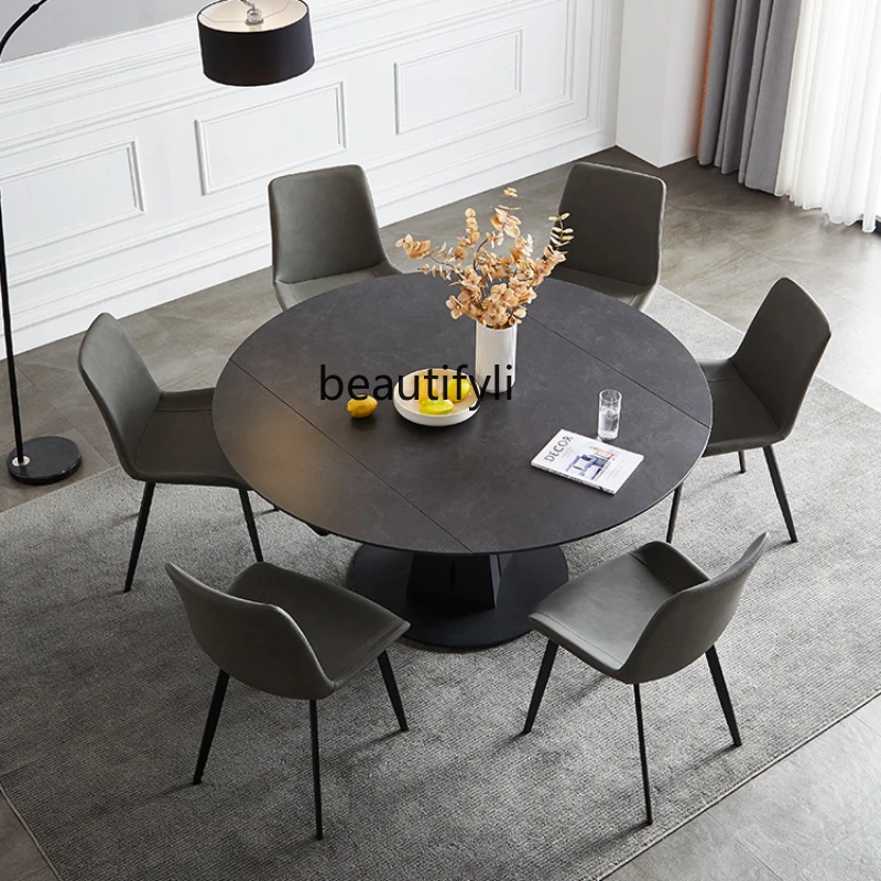 Italian Stone Plate Dining Table Square and round Dual-Use Rotating Retractable Multifunctional Deformation Dining Table