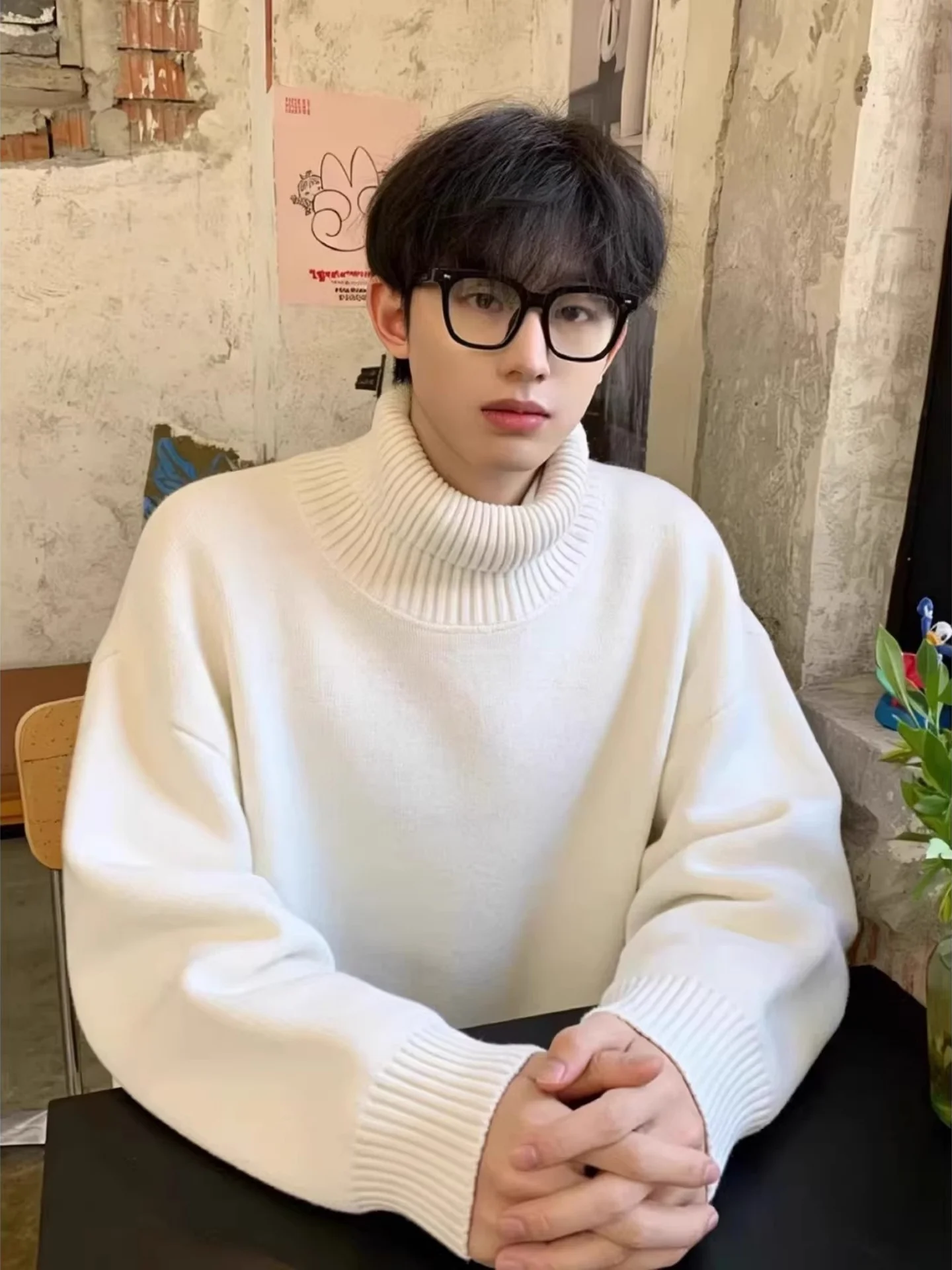 

Мужской вязаный свитер с высоким воротником на флисовой подкладке, теплый, свободного кроя, из полиэстера, для зимы