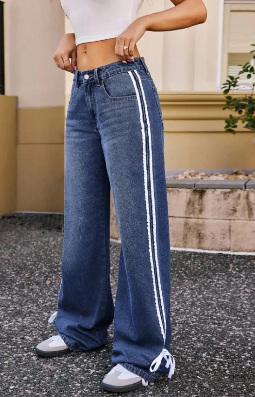 Blauwe wijde pijpen mode denim broek gestreepte vlinderknoop damesjeans hoge taille lange broek casual street style chique jeans
