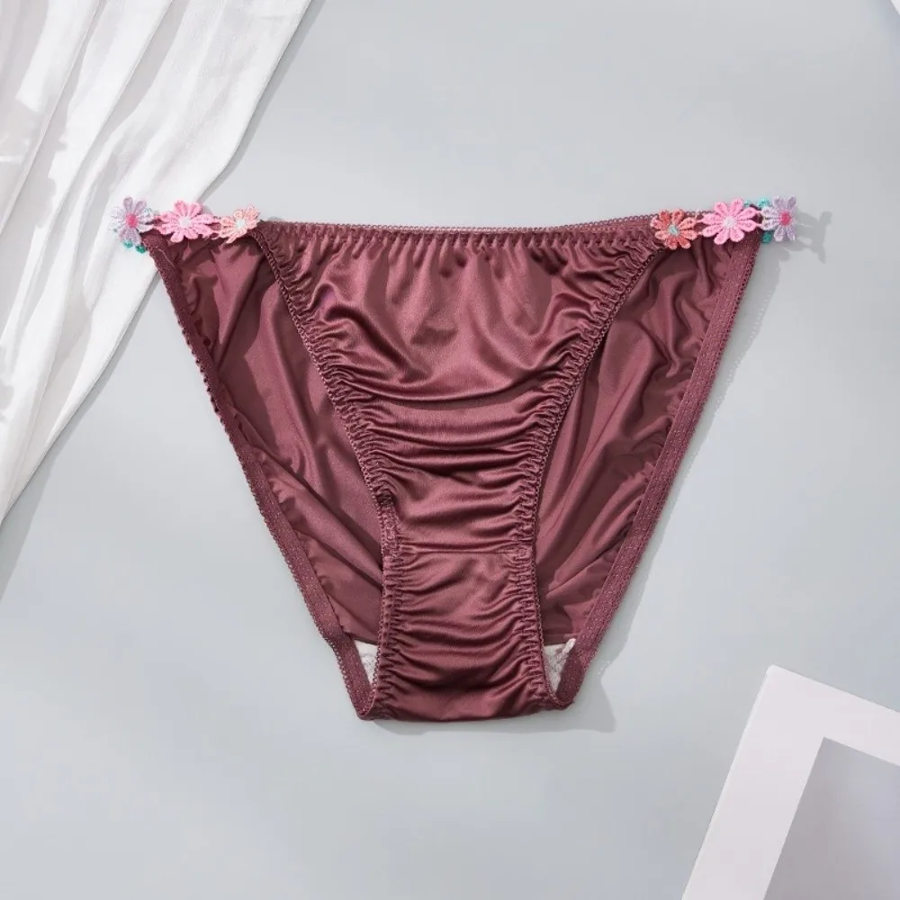 Einfache, niedrig geschnittene Satin-Seiden-Slips, Unterhosen mit Baumwoll-Zwickel, Blumenmuster, atmungsaktive Damenunterwäsche – Detail 3