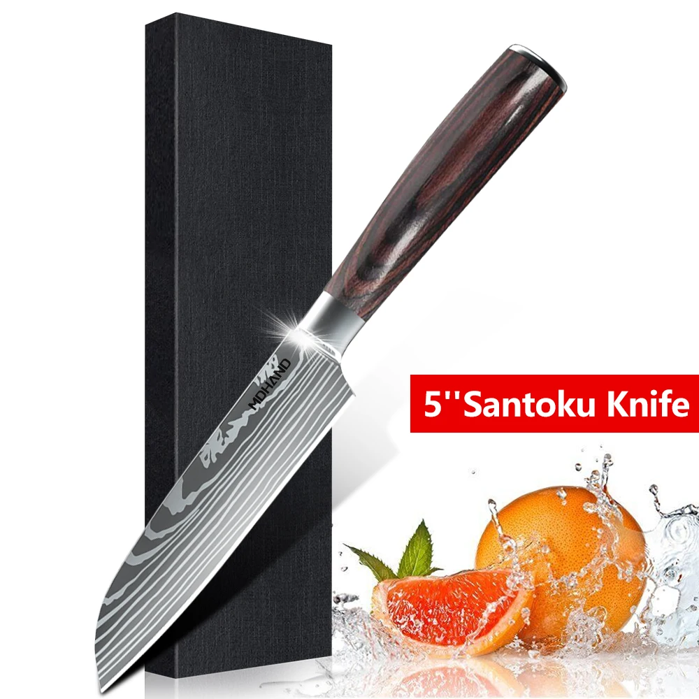 Cuchillo Santoku de alta calidad de 5 pulgadas, cuchillos de cocina de acero inoxidable 7CR17, cuchillo para cortar Ultra afilado para carne, verduras y frutas