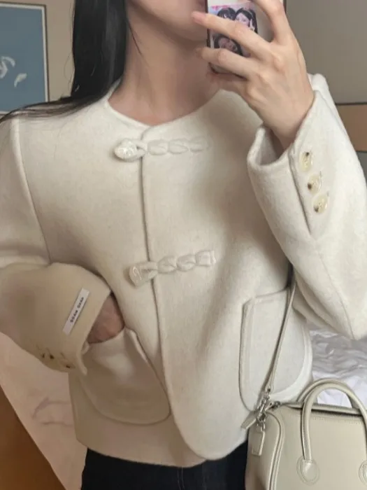 

Ele Chic Buttoned Tweed Jaet Women's Faionable Vintage High-End Feeling Woolen Coat Trendy Loose Fit Autumn Season