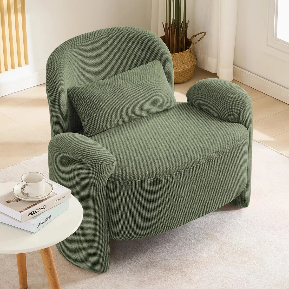 #Modern Textured Fabric Accent Armchair, Upholstered Lounge Chair with Throw Pillow for Living Room, Small Space