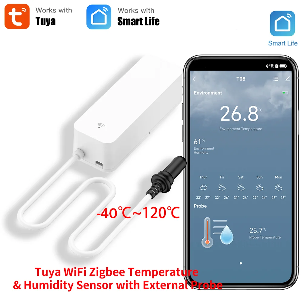 Tuya Zigbee WiFi Temperature Humidity Sensor With External Probe Sensor for Smart Home work with Yandex SmartLife Alexa