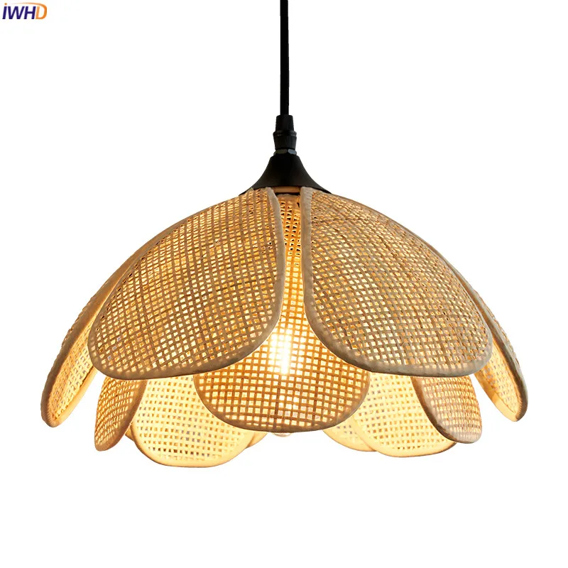 

IWHD Rattan Wicker Petal LED Pendant Lights Fixtures Home Indoor Decor Bedroom Dining Living Room Light Japanese Style Hanglamp