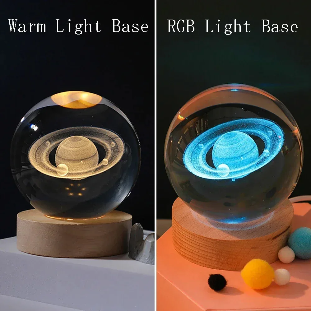 HPH Kristallen Bol Nachtlampje Maanlichtlamp Laser Gegraveerde Kristallen Bol Zonnestelsel Licht Kerstcadeau Glazen Kamerdecoratie