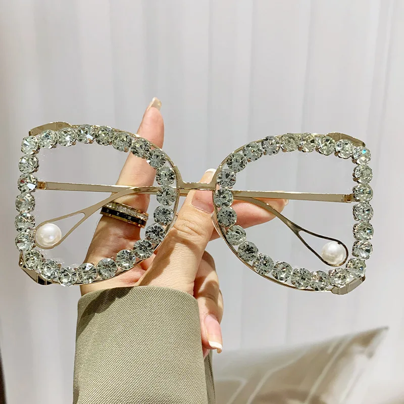 Modne Vintage diamentowe oversize okulary przeciwsłoneczne damskie luksusowe markowe okulary przeciwsłoneczne duże oprawki Punk Crystal — zdjęcie 5