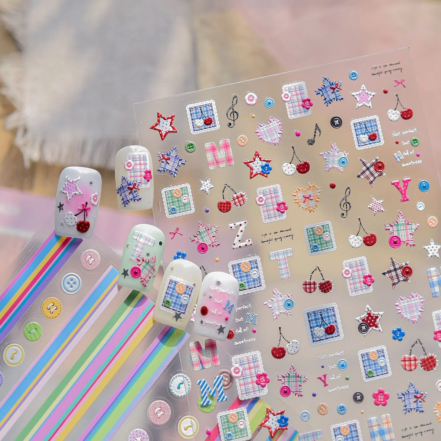 Fabric Button Plaid Cloth Patch Colorful 5D Nail Stickers Square Heart Applique Cherry Music Note Star Cute Self Adhesive Decals