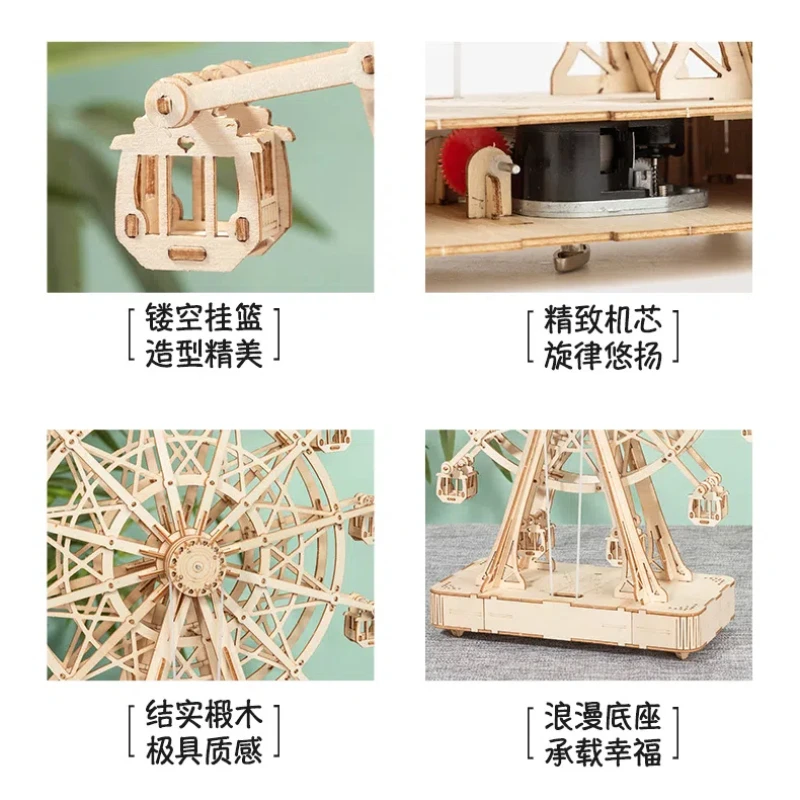 DIY Wooden Music Box Kit with Rotating Ferris Wheel, 3D Assembly Model Building Project for Adults Craft Decor Gift