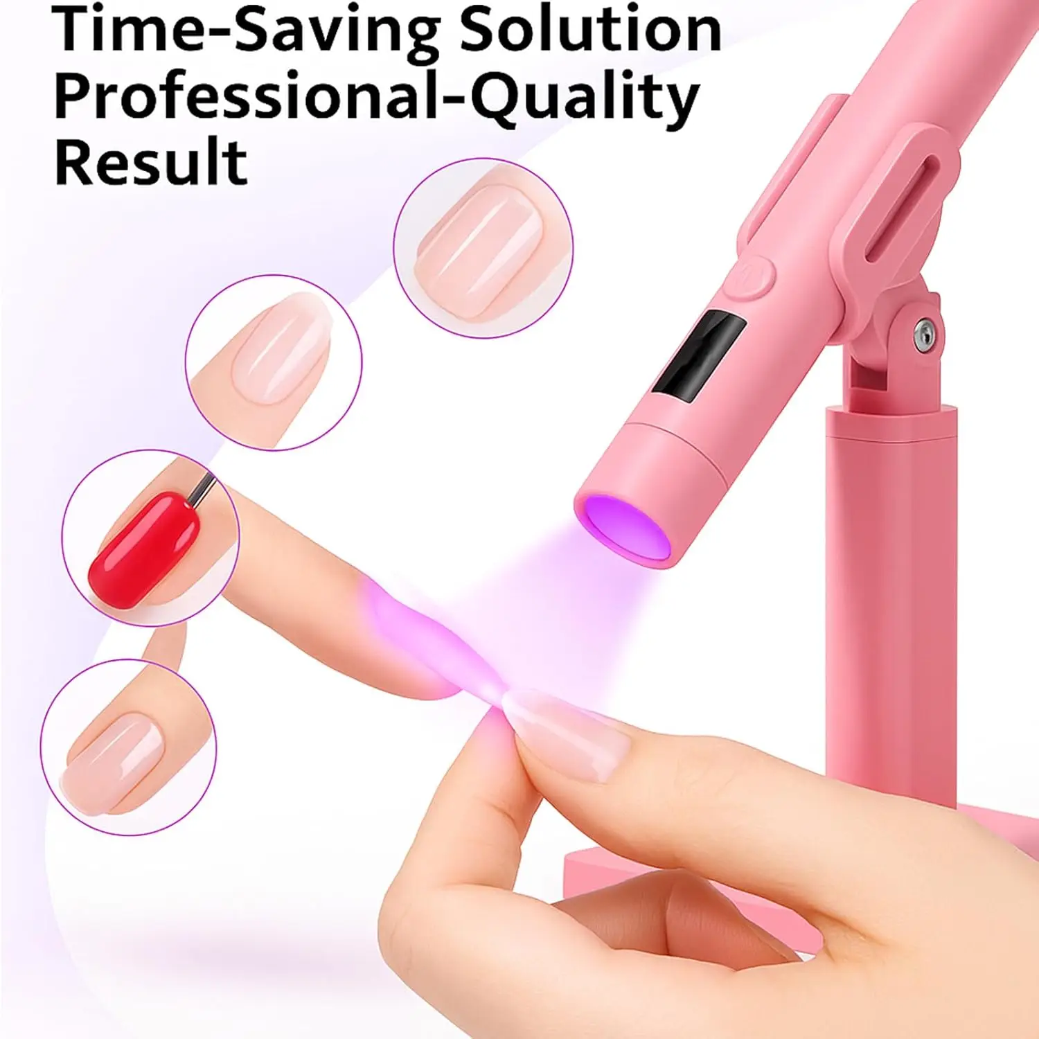 Portable UV Nail Lamp with Stand, 3W LED Dryer, Rechargeable USB, Silicone Stamper & LCD Display (Pink)