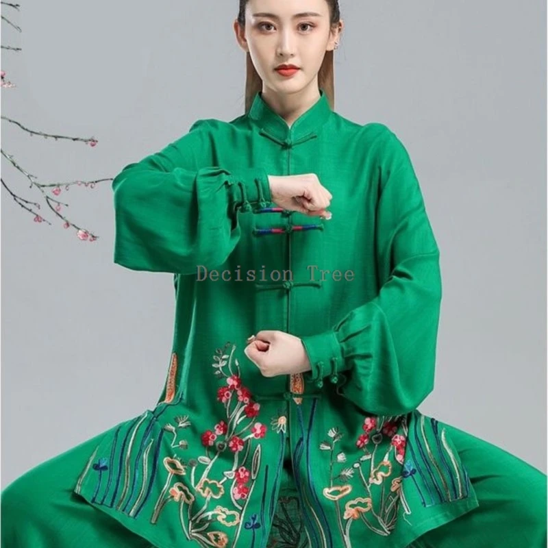 female spring embroidery tai chi practice clothing chinese martial arts clothing long sleeved buckle top pants wushu 2-Piece Set