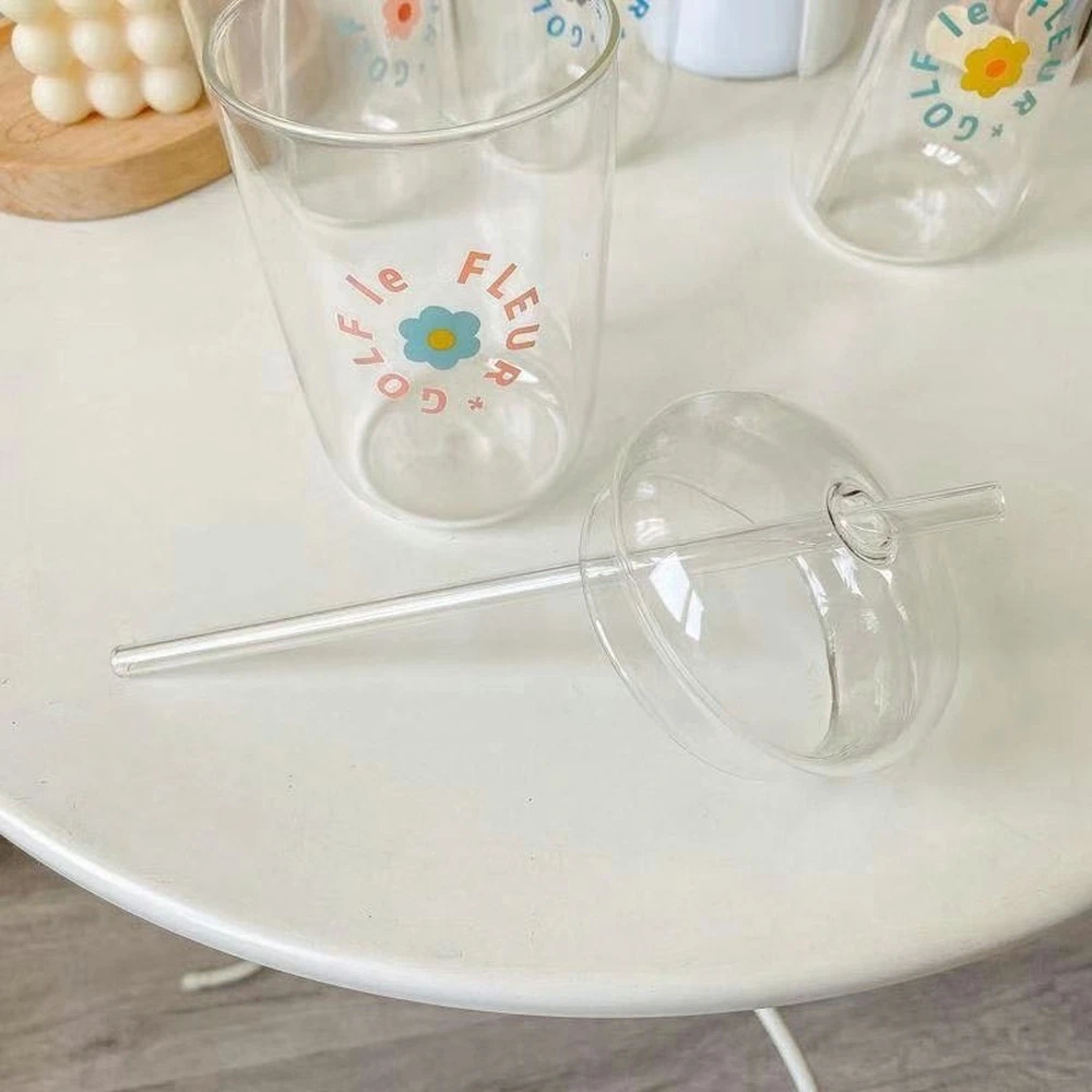 High-borosilicate Glass Straw Cup with Lid Large-capacity Milk Tea Juice Drink Cup Cartoon Printing Glass Single-layer Cup