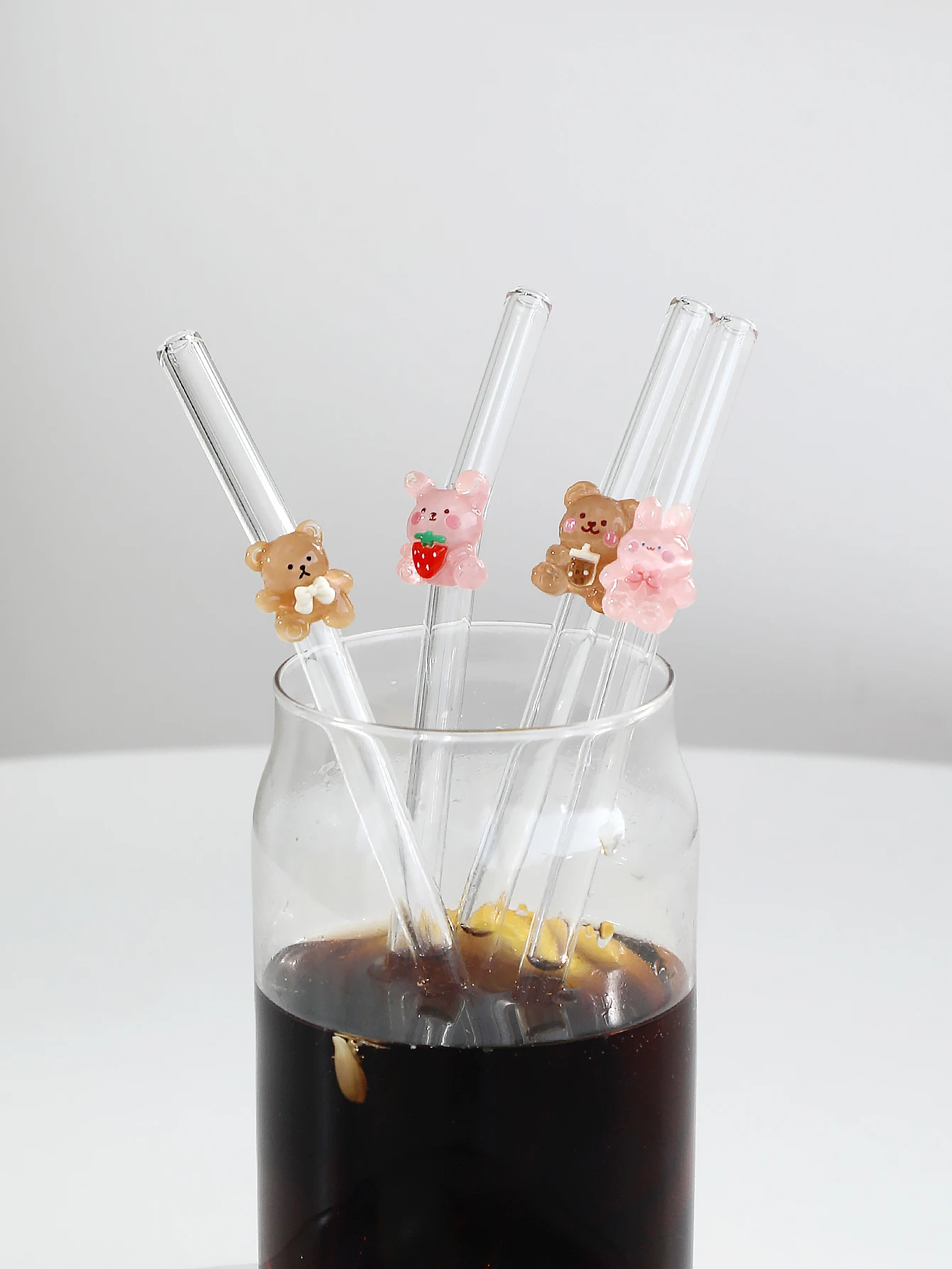 4/6PCS Cartoon Rabbit/bear Glass Straw, Transparent Bendable Drinkware for Smoothie & Cocktail, Reusable Party Supply.