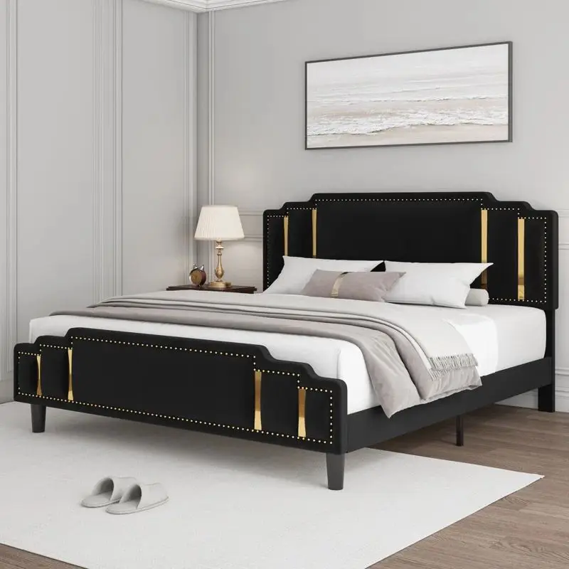 # Full Size Bed Frame with Headboard Turkish Furniture Bedroom Design Velvet Upholstered Platform Double Bed Frame Cheap view 6