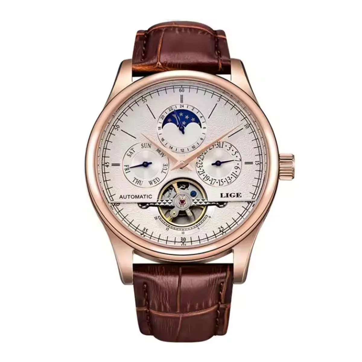 Lige marca relógios masculinos automático relógio mecânico tourbillon esporte relógio de couro casual negócios retro relojes hombre