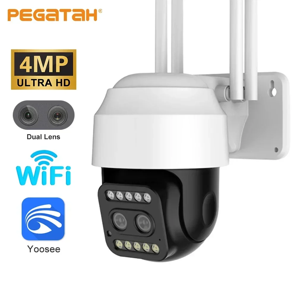 

Камера PEGATAH 4MP PTZ WiFi с двумя объективами, цветным ночным видением, функцией обнаружения людей, для видеонаблюдения, домашняя IP-камера безопасности