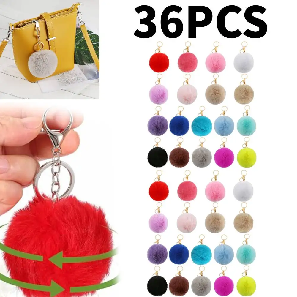 

[36PCS] Pom Poms Keychains | Faux Fur Ball Key Rings Fluffy Rabbit Fur Pompoms Keychains for Women Girls Bag Accessories