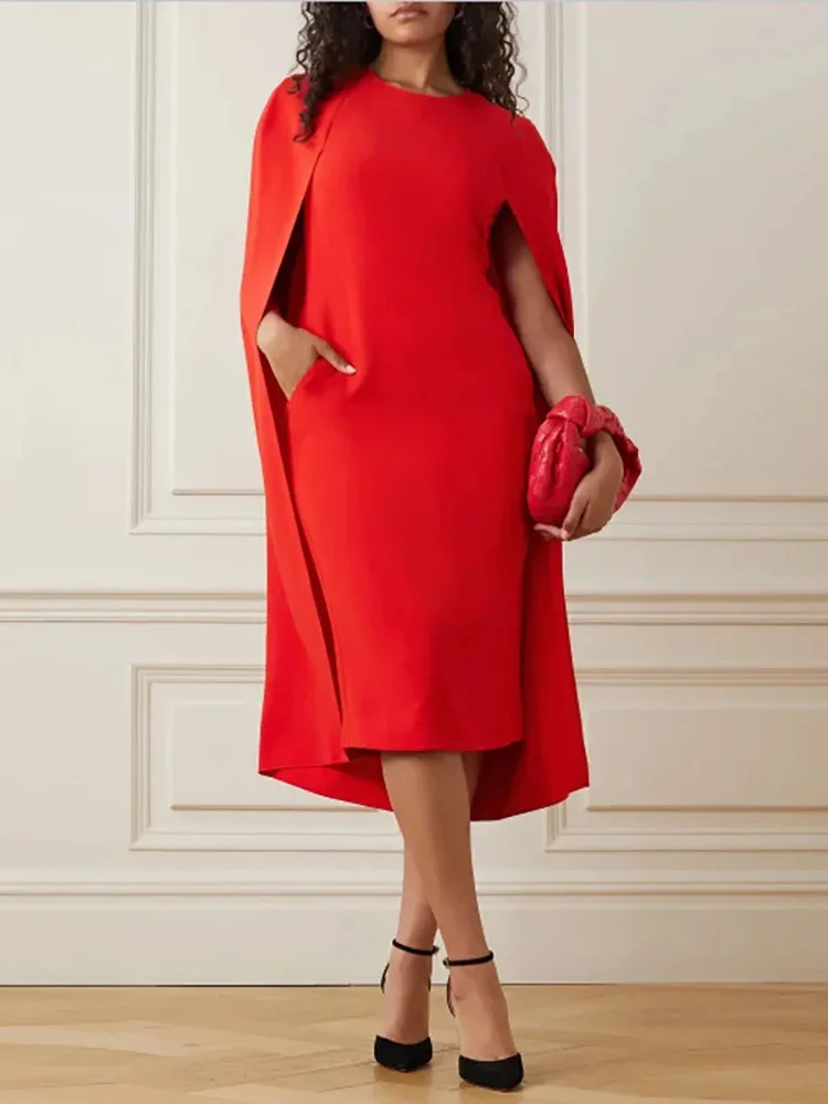 Dress O-neck Cape Sleeve High Waist Red Women's Customized Evening Party Dresses 2024 Spring New Fashion