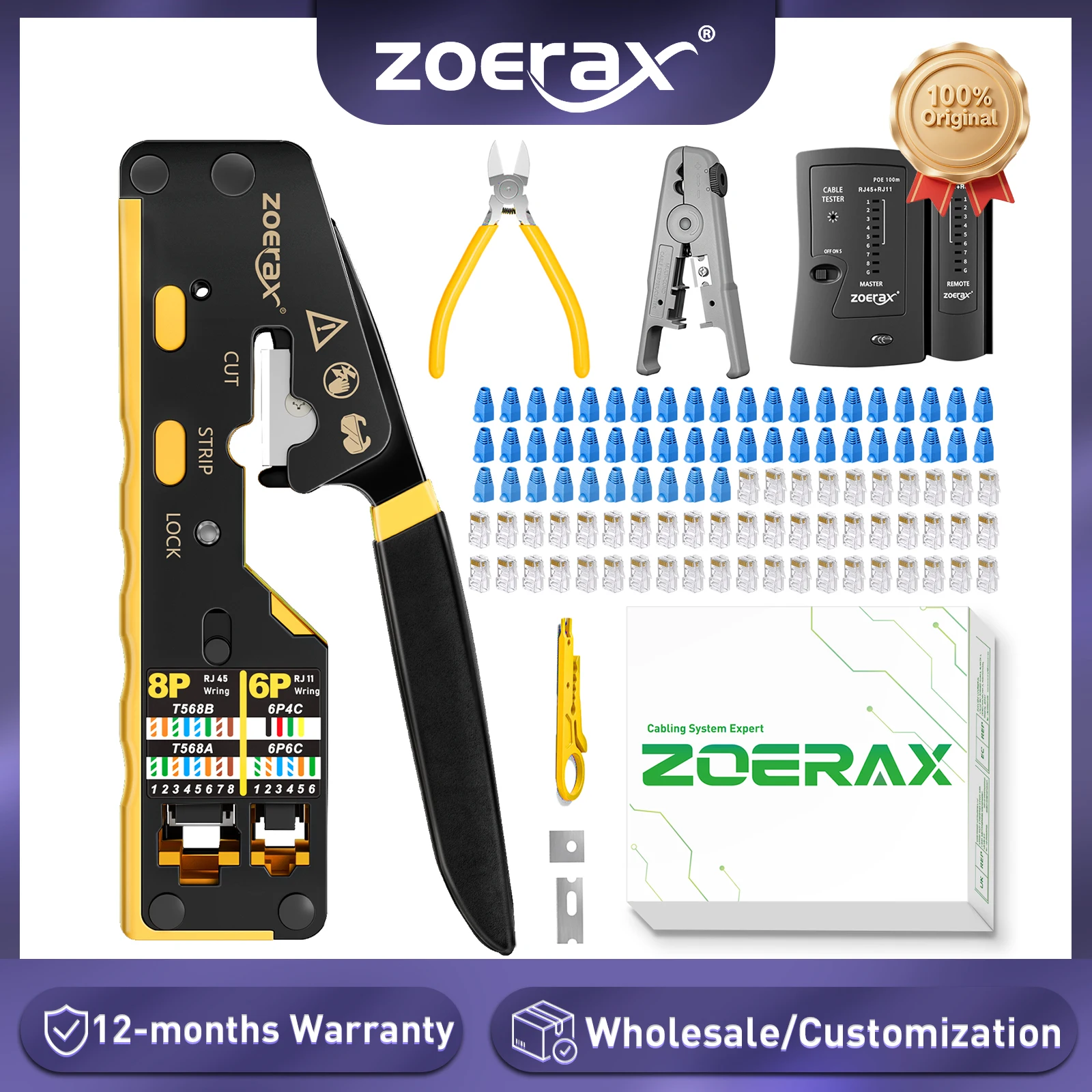 Zestaw narzędzi sieciowych ZoeRax RJ45 CAT6 CAT5E, zaciskarka, tester kabli, obcinak do przewodów, ostrza, 50 szt. złączy CAT6 CAT5 i osłonek wtyków