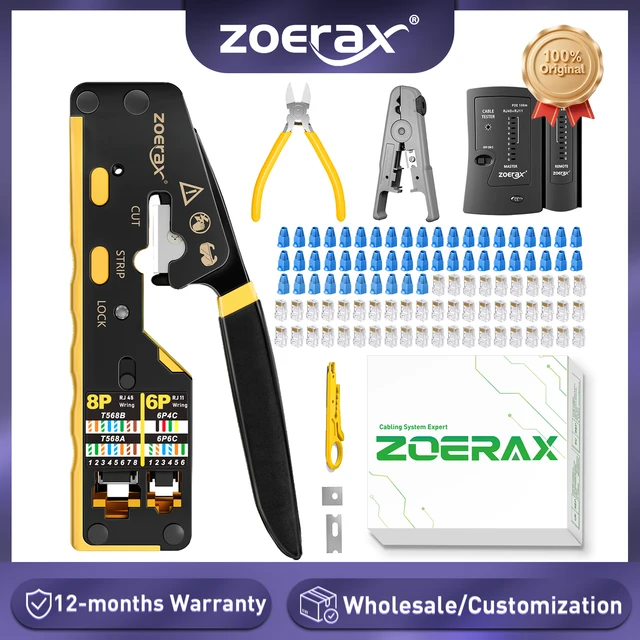 Zestaw narzędzi sieciowych ZoeRax RJ45 CAT6 CAT5E, zaciskarka, tester kabli, obcinak do przewodów, ostrza, 50 szt. złączy CAT6 CAT5 i osłonek wtyków