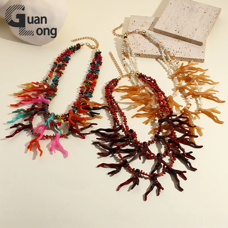 GuanLong Trendy Bohemia Resin Coral Big Necklaces for Women Vintage Retro Multilayer Beaded Chain Choker Necklace Party Jewelry