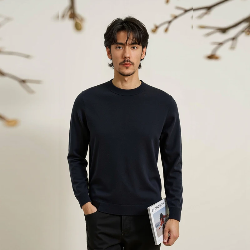Kaos Rajut Wol 100% Pria Musim Gugur 2025 Kasual Kerah Bulat Slim Fit Tipis Jumper Lengan Panjang Wol Domba Superhalus Atasan Pullover