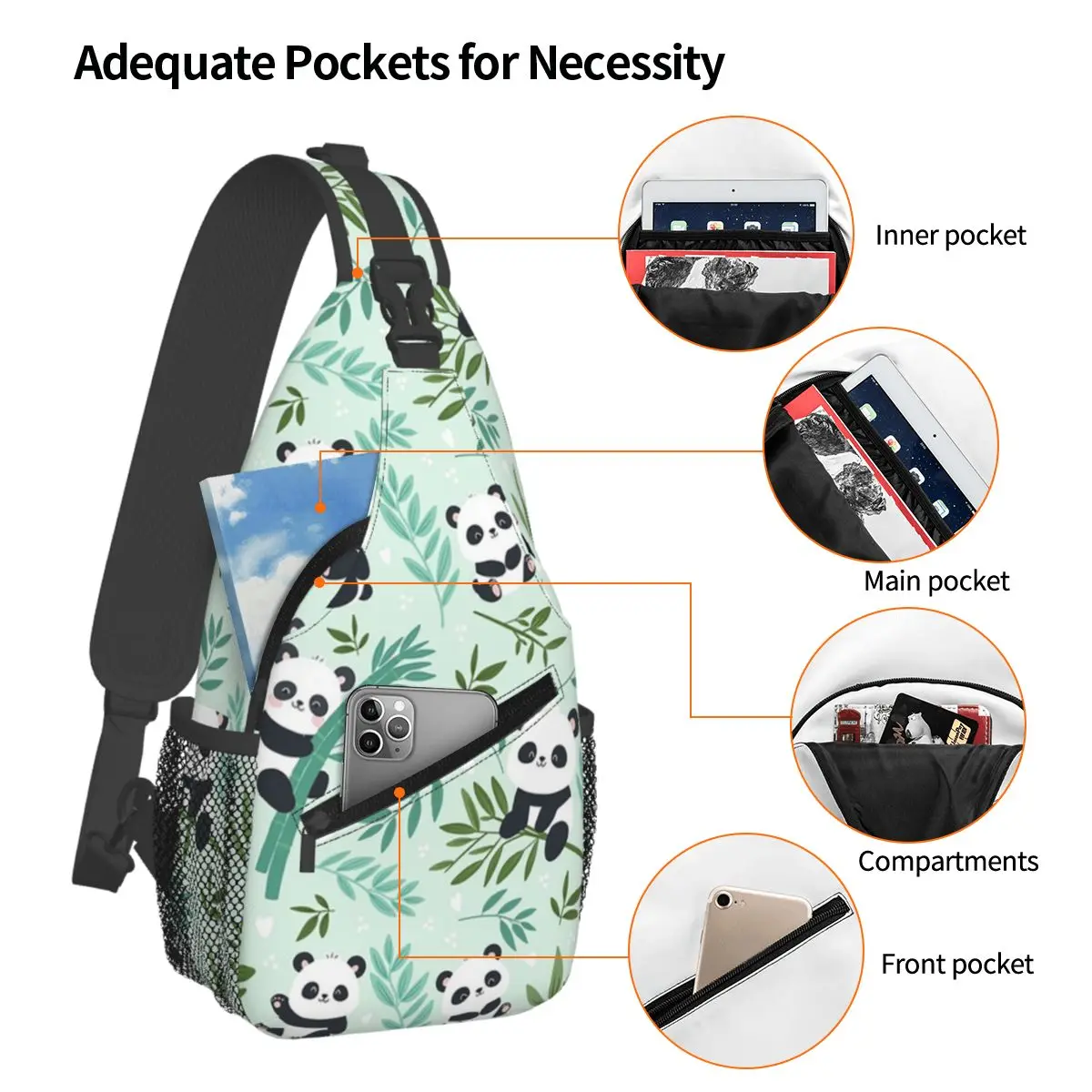 Cartoon Panda And Bamboo Pattern Chest Bag Men Sling Crossbody Backpack Chest Bag Traveling Hiking Daypack Shoulder Bag