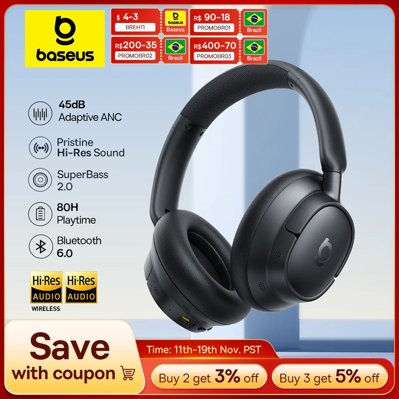 Baseus EH10 NC ANC Fones de ouvido sem fio 45dB Fones de ouvido híbridos adaptativos com cancelamento de ruído Hi-Res LDAC Fone de ouvido Bluetooth 6.0 80 horas