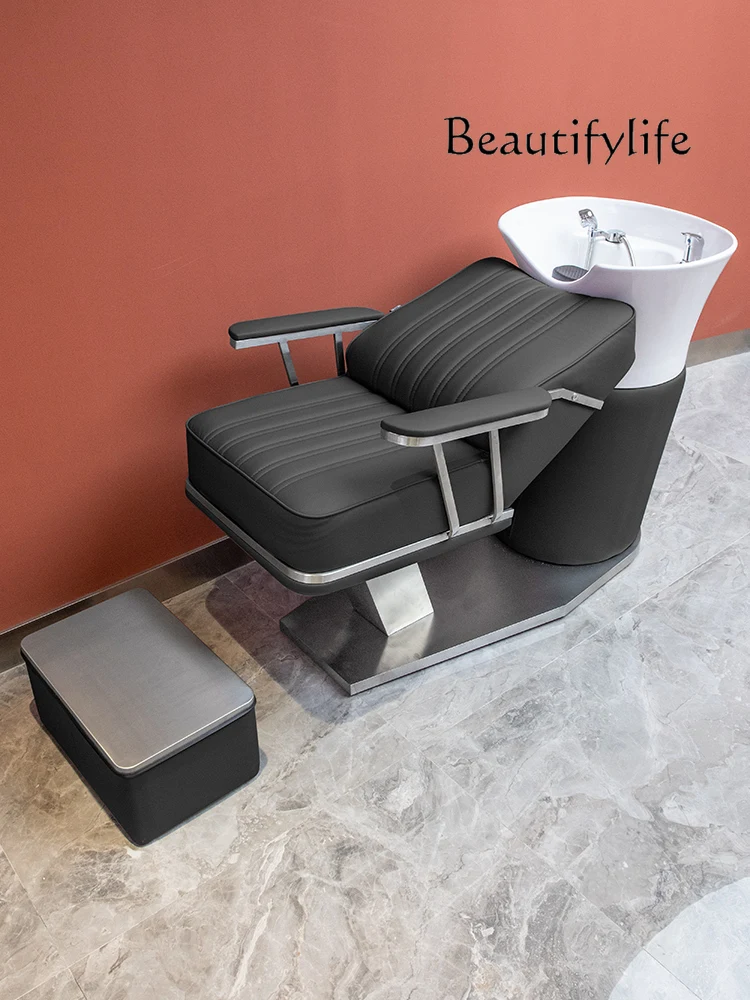 Lying Half Flushing Bed with Water Heater Integrated Shampoo Chair Barber Shop Stainless Steel Ceramic Basin