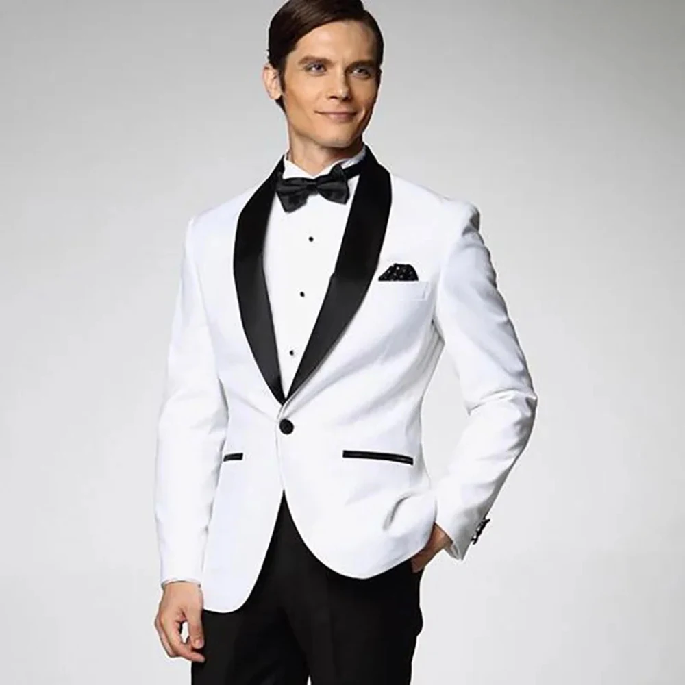 Luxury White Jacket for Male Black Shawl Lapel Single Breasted One Piece Men\'s Outerwear Formal Business Wedding Party Men Coat