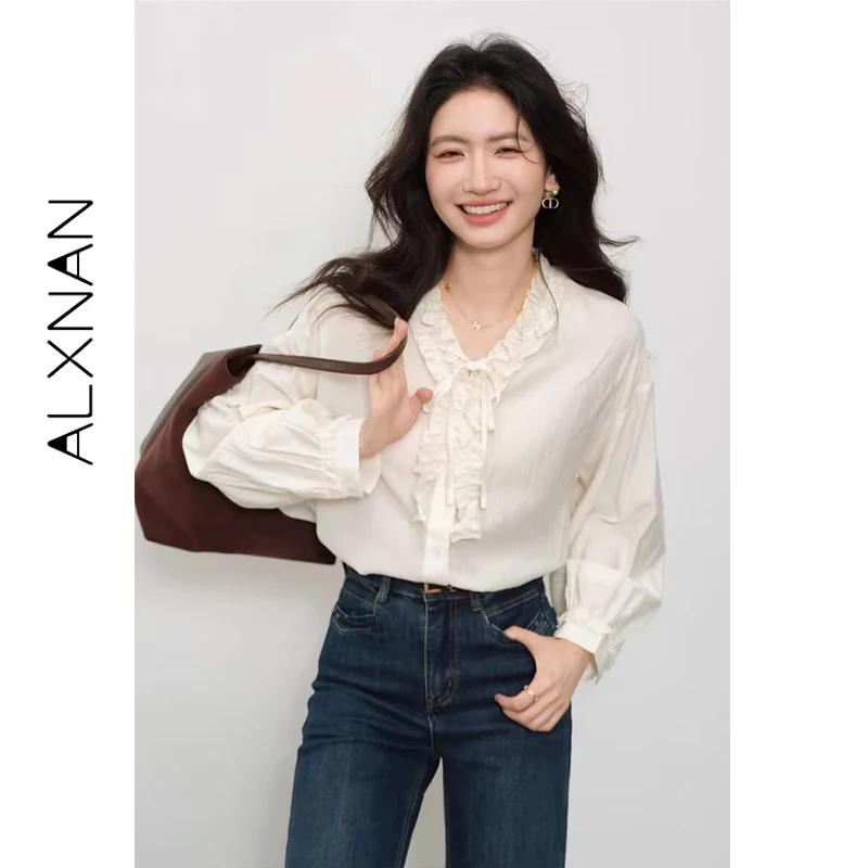 ALXNAN 여성 셔츠 러플 브이넥 타이 버튼 가을 공식 블라우스 2025 다용도 출퇴근용 여성 긴팔 탑 L57175
