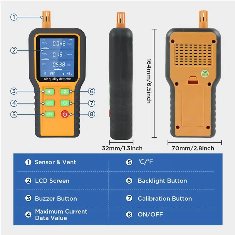 

LLCS-3X Air Quality Monitor CO2 Monitor Formaldehyde Detector TVOC/Temp./Humidity Indoor With Buzzer Prompt,Backlit Screen